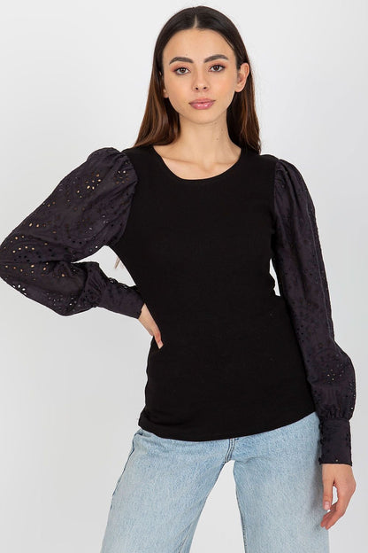 Blouse with Long Openwork Sleeves and Round Neckline