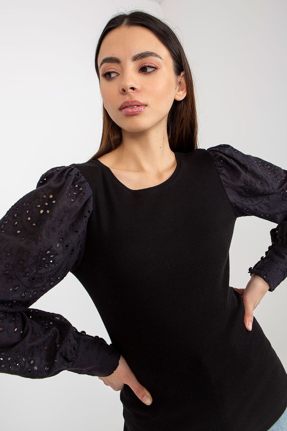 Blouse with Long Openwork Sleeves and Round Neckline