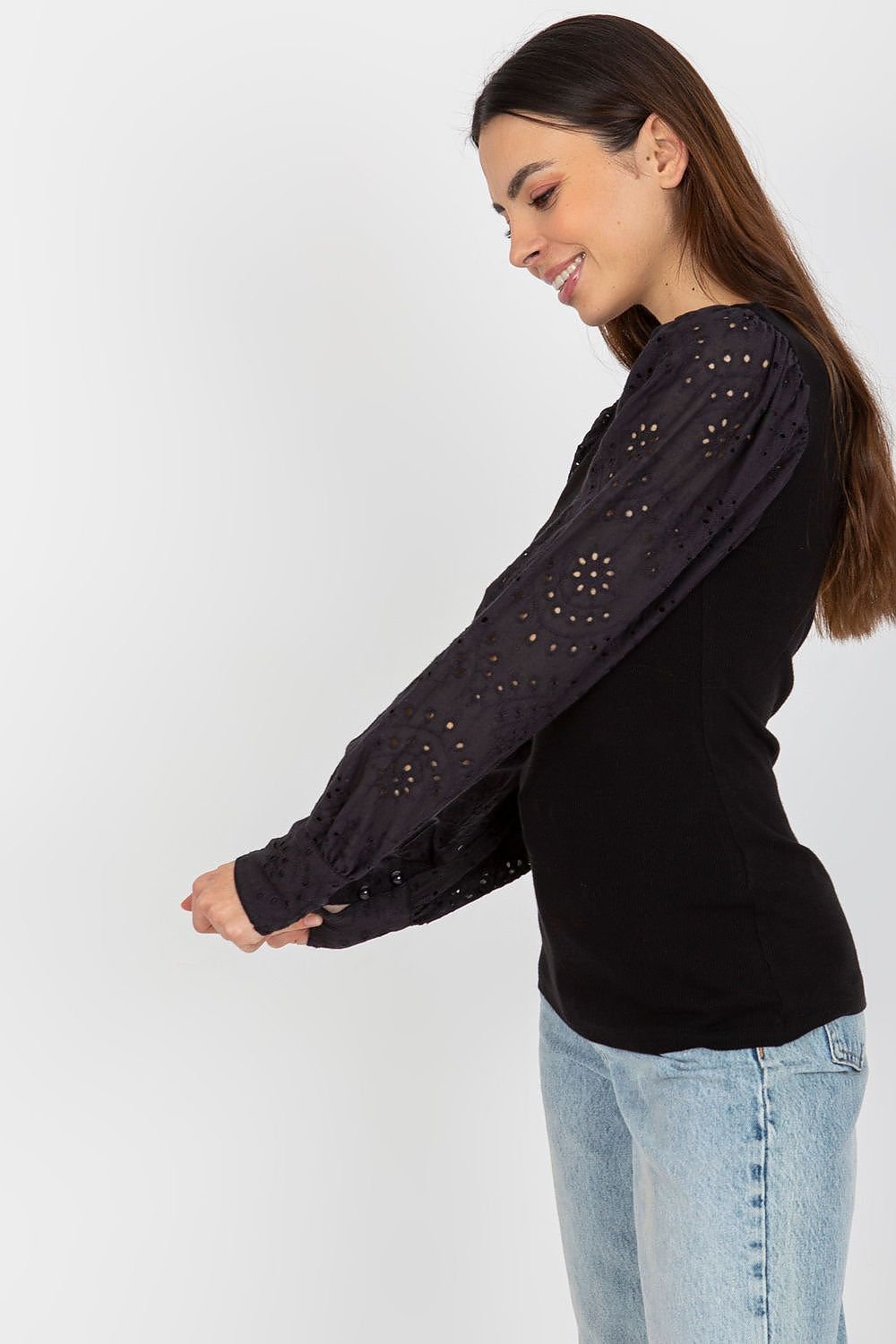 Blouse with Long Openwork Sleeves and Round Neckline