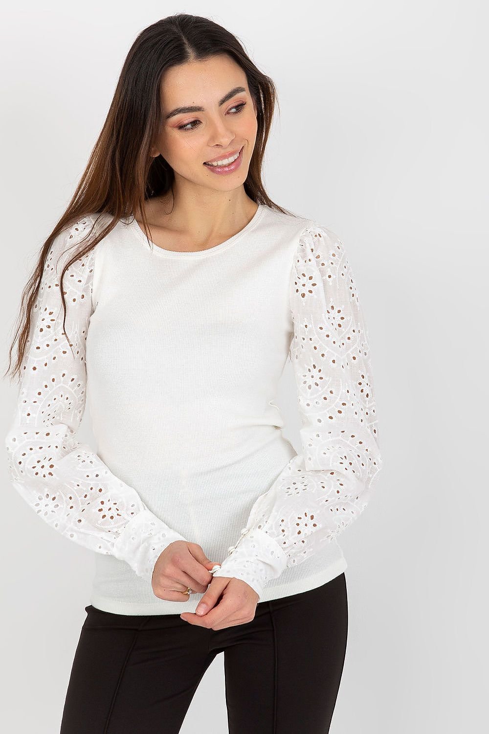 Blouse with Long Openwork Sleeves and Round Neckline