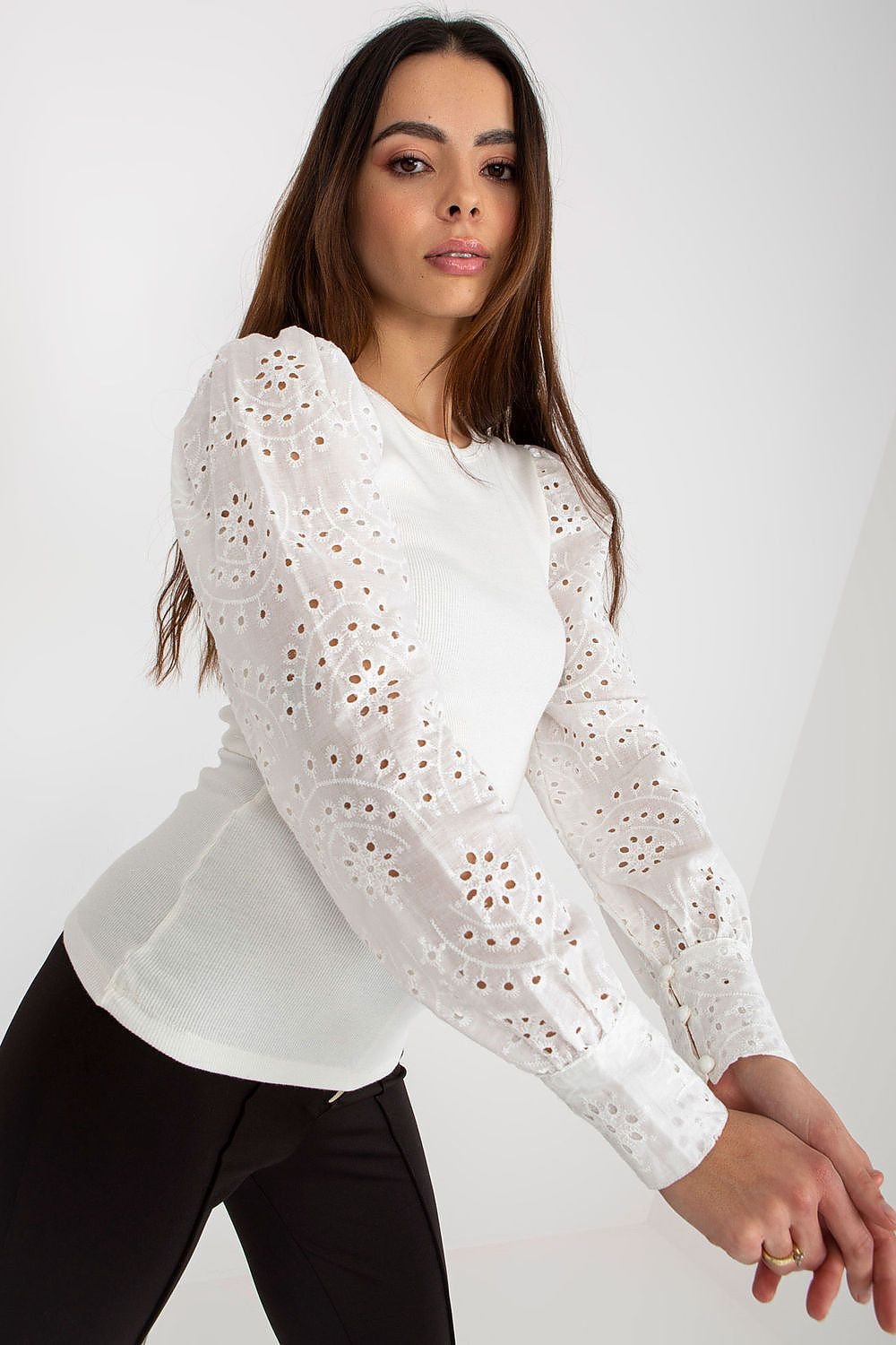 Blouse with Long Openwork Sleeves and Round Neckline