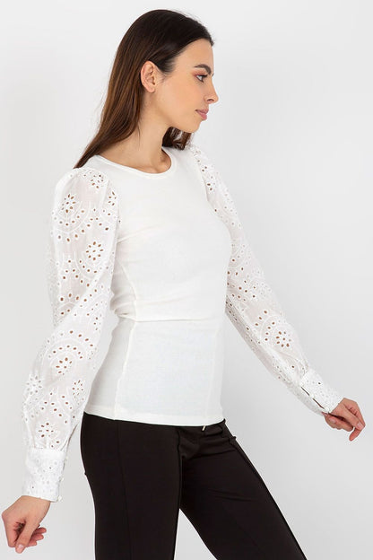 Blouse with Long Openwork Sleeves and Round Neckline