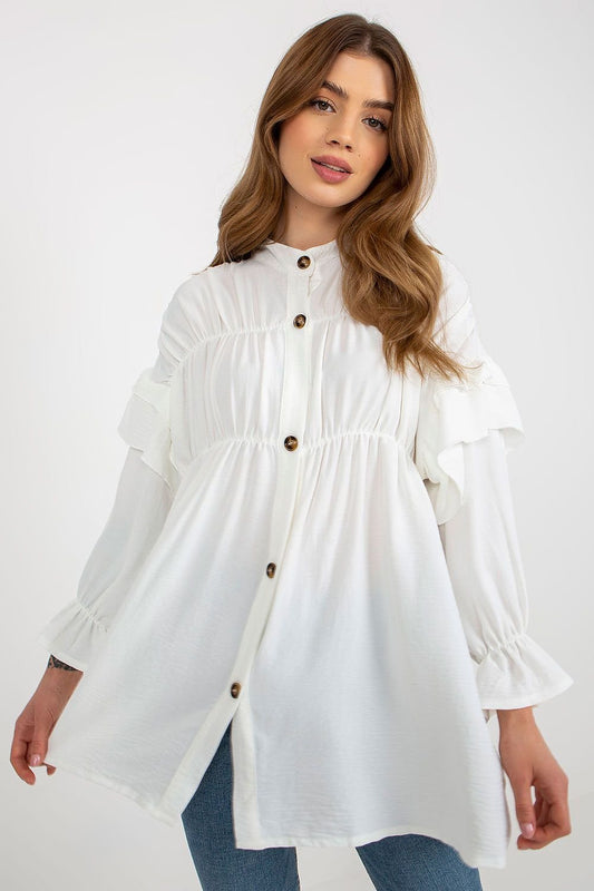 A women's long sleeve button-down shirt featuring a loose cut and decorative ruffles, adding a touch of elegance and style. Perfect for a relaxed yet chic look.






