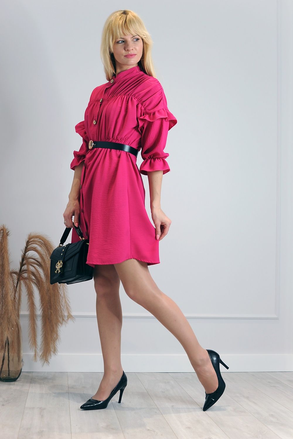 Unique Loose-Cut Dress with Frills and Wooden Button Fastening