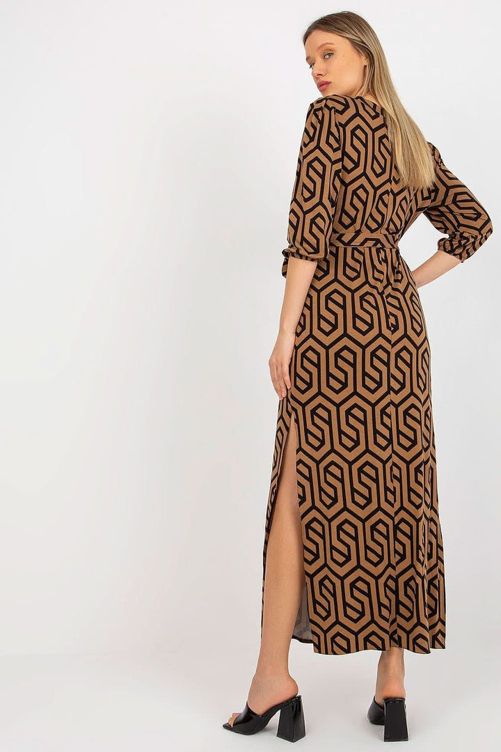 Long Dress with 3/4 Sleeves, Heart Neckline, Free Slits, and Tie Belt - Ludowika 