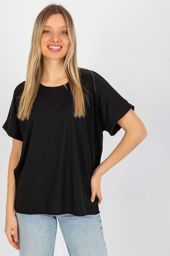 Loose Fit Ribbed Blouse with Short Sleeves and Round Neckline - Ludowika 