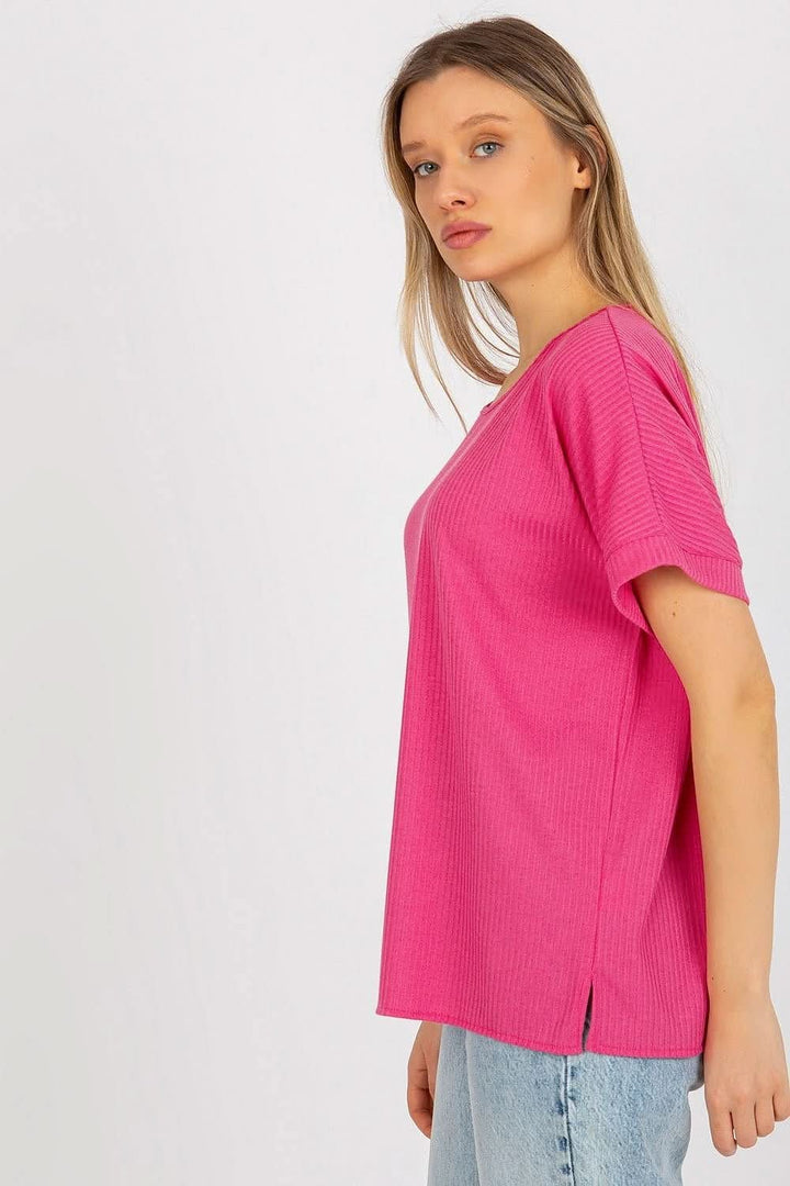 Loose Fit Ribbed Blouse with Short Sleeves and Round Neckline - Ludowika 