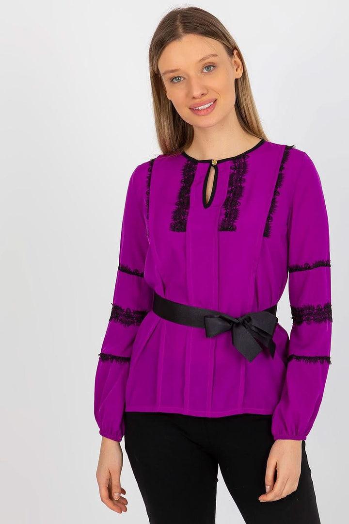 Formal Blouse with Long Sleeves, Round Neckline, Lace Details, and Tie Belt - Ludowika 