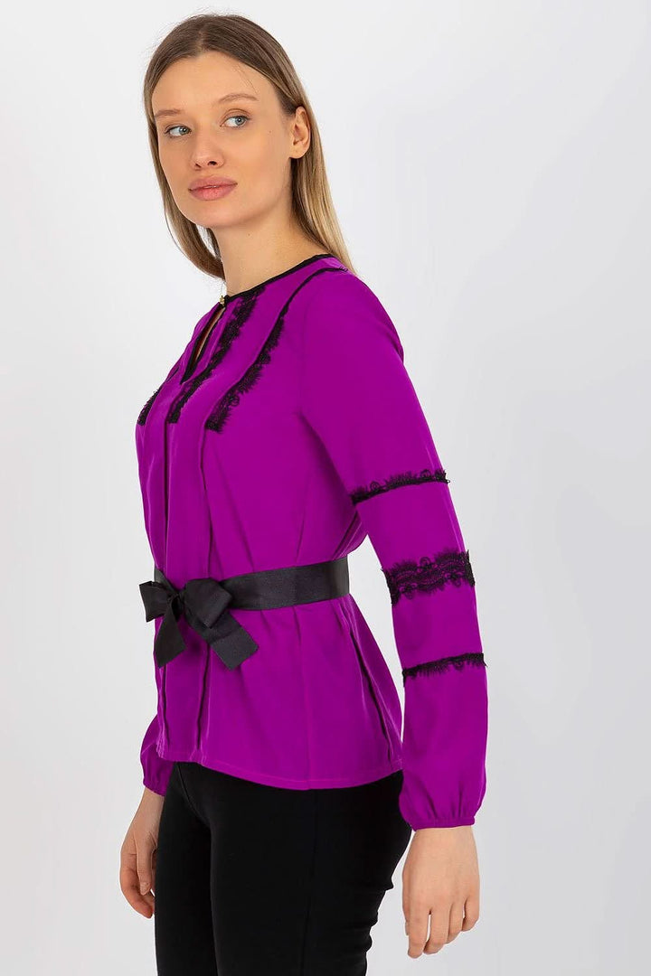 Formal Blouse with Long Sleeves, Round Neckline, Lace Details, and Tie Belt - Ludowika 
