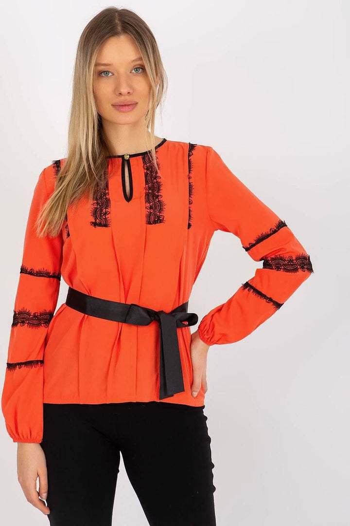 Formal Blouse with Long Sleeves, Round Neckline, Lace Details, and Tie Belt - Ludowika 
