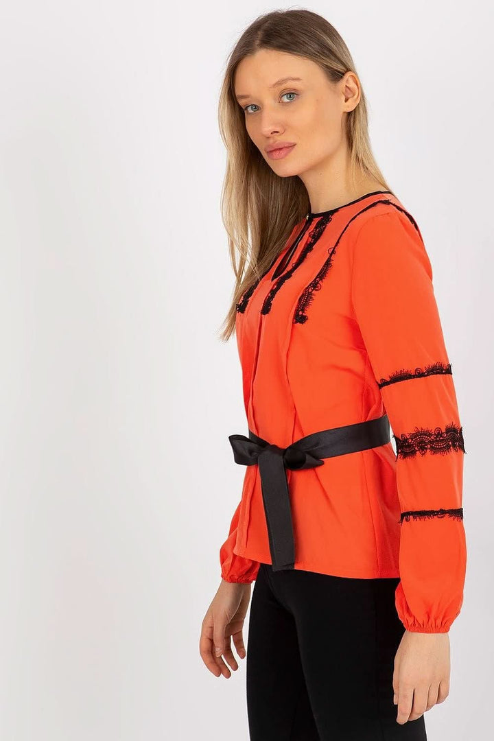 Formal Blouse with Long Sleeves, Round Neckline, Lace Details, and Tie Belt - Ludowika 