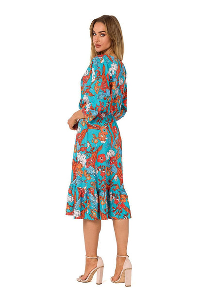 Floral Print Midi Dress with Ruffled Hem and 3/4 Sleeves - Perfect for Summer