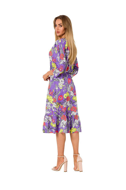 Floral Print Midi Dress with Ruffled Hem and 3/4 Sleeves - Perfect for Summer