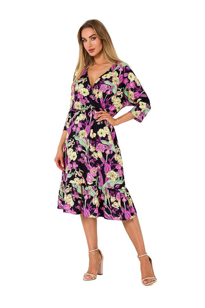 Floral Print Midi Dress with Ruffled Hem and 3/4 Sleeves - Perfect for Summer