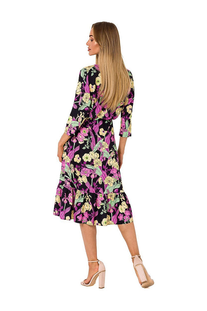 Floral Print Midi Dress with Ruffled Hem and 3/4 Sleeves - Perfect for Summer