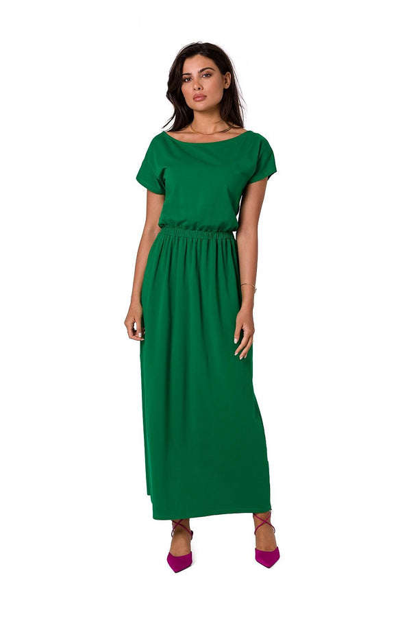 Robe longue confortable en coton avec décolleté asymétrique et ceinture élastique