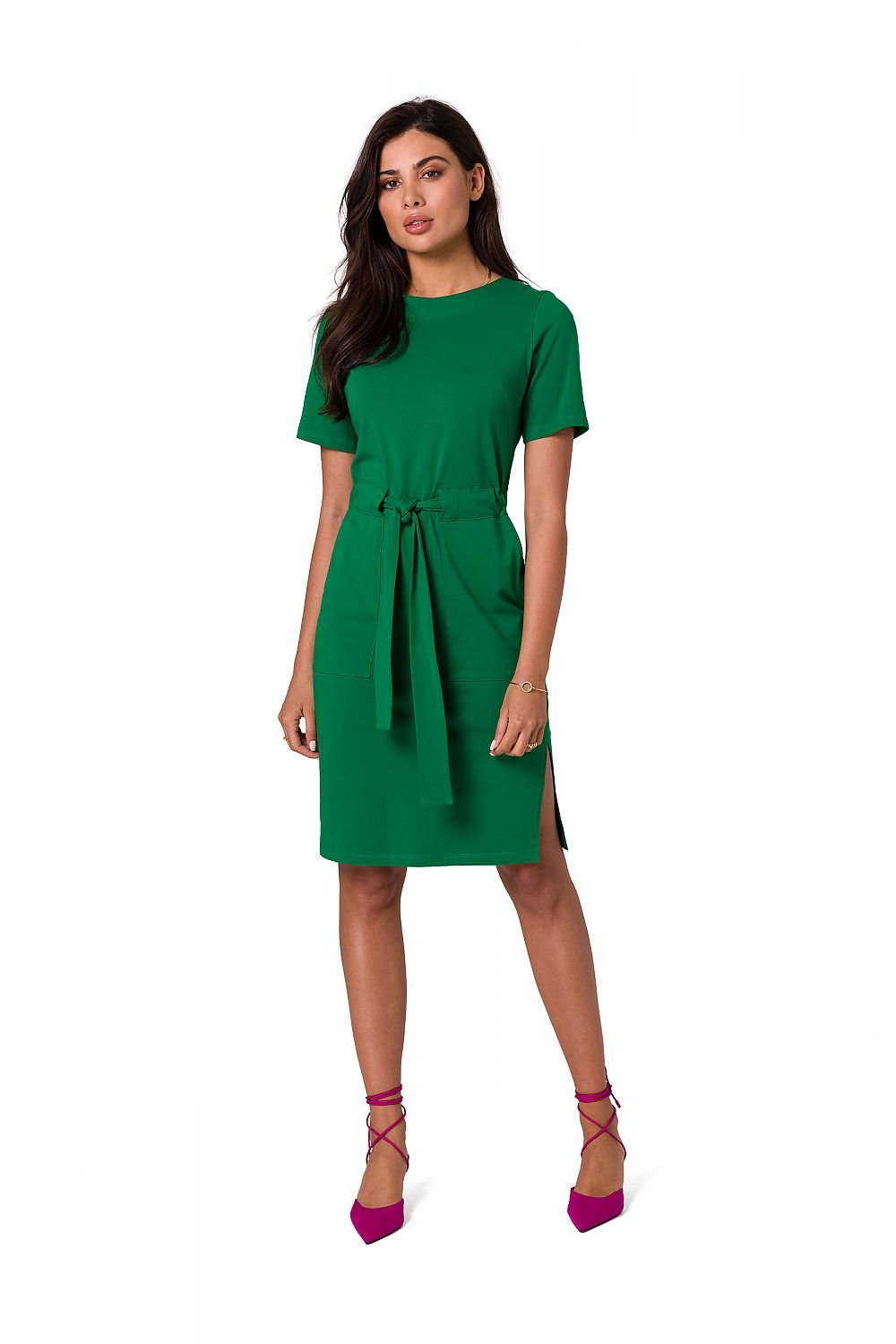 Fitted Cotton Knit Dress with Patch Pockets and Belt