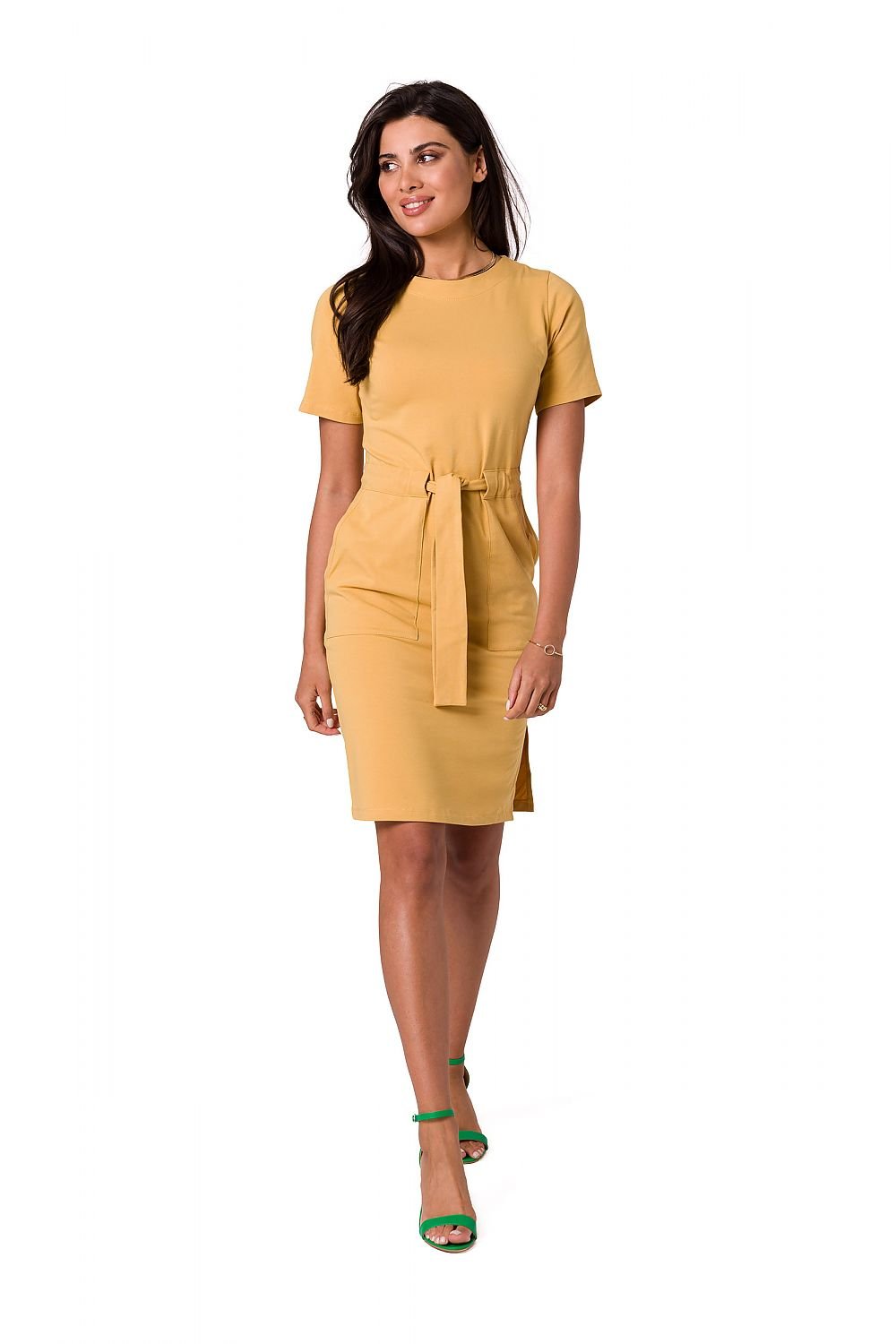 Fitted Cotton Knit Dress with Patch Pockets and Belt