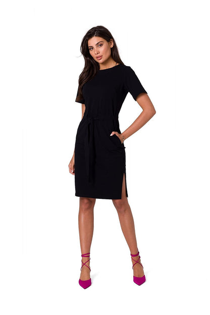 Fitted Cotton Knit Dress with Patch Pockets and Belt