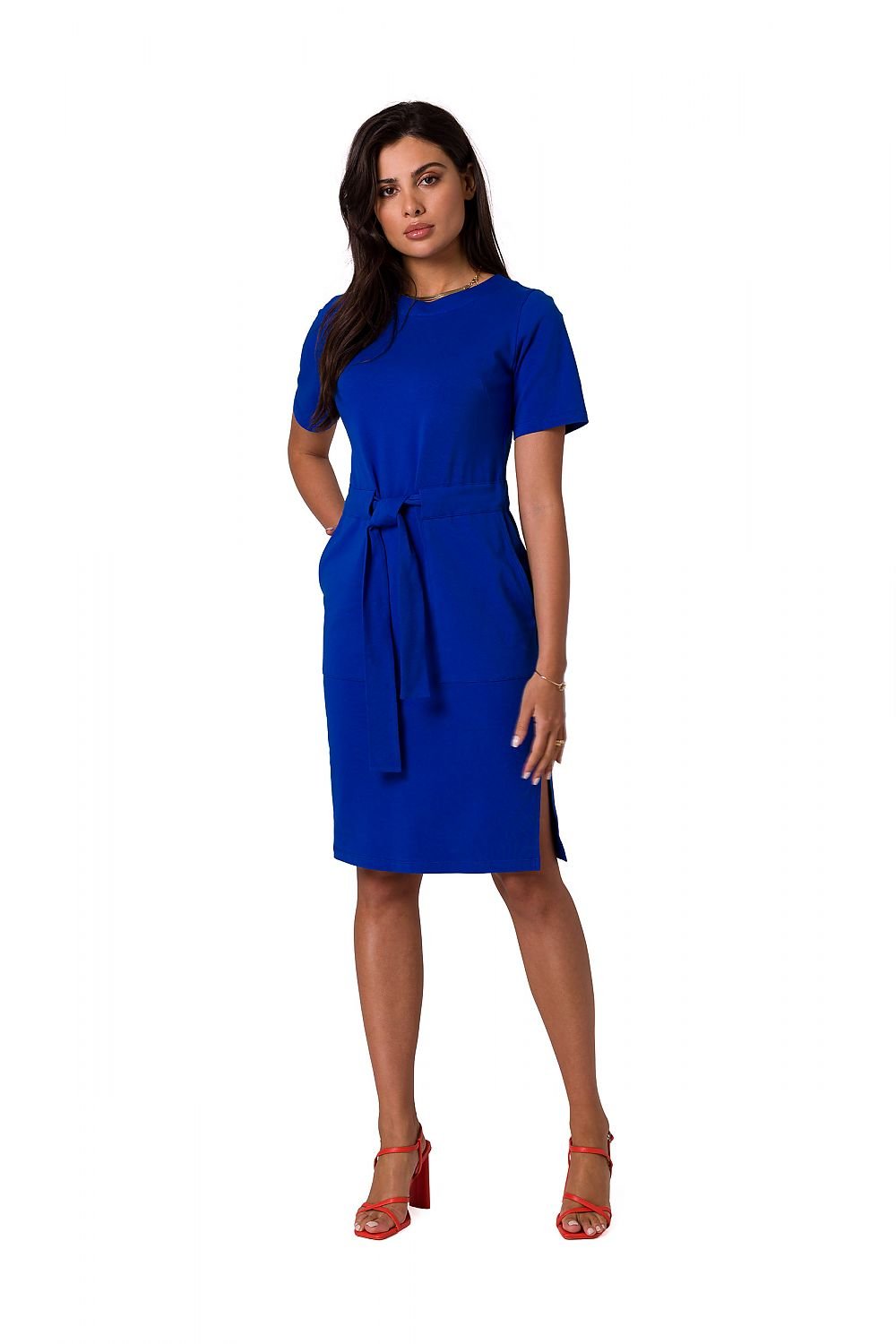 Fitted Cotton Knit Dress with Patch Pockets and Belt