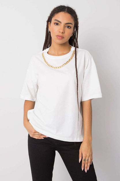 Women's loose-fit t-shirt with short sleeves, a round neckline, and a stylish decorative chain on the front.