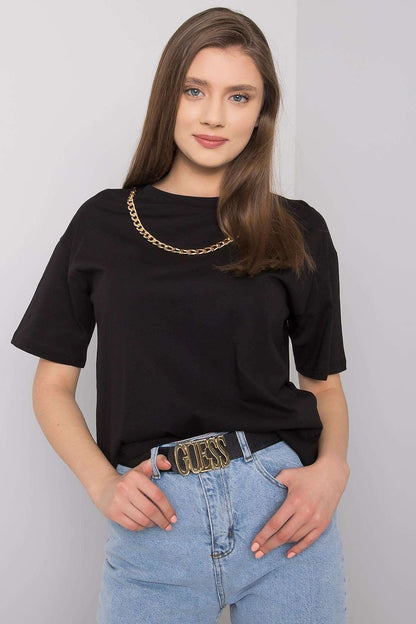 Women's loose-fit t-shirt with short sleeves, a round neckline, and a stylish decorative chain on the front.