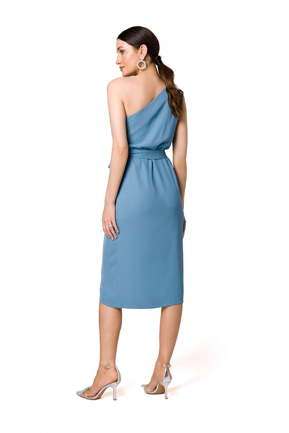 One-Shoulder Draped Dress with Overlap Cut and Tie Belt