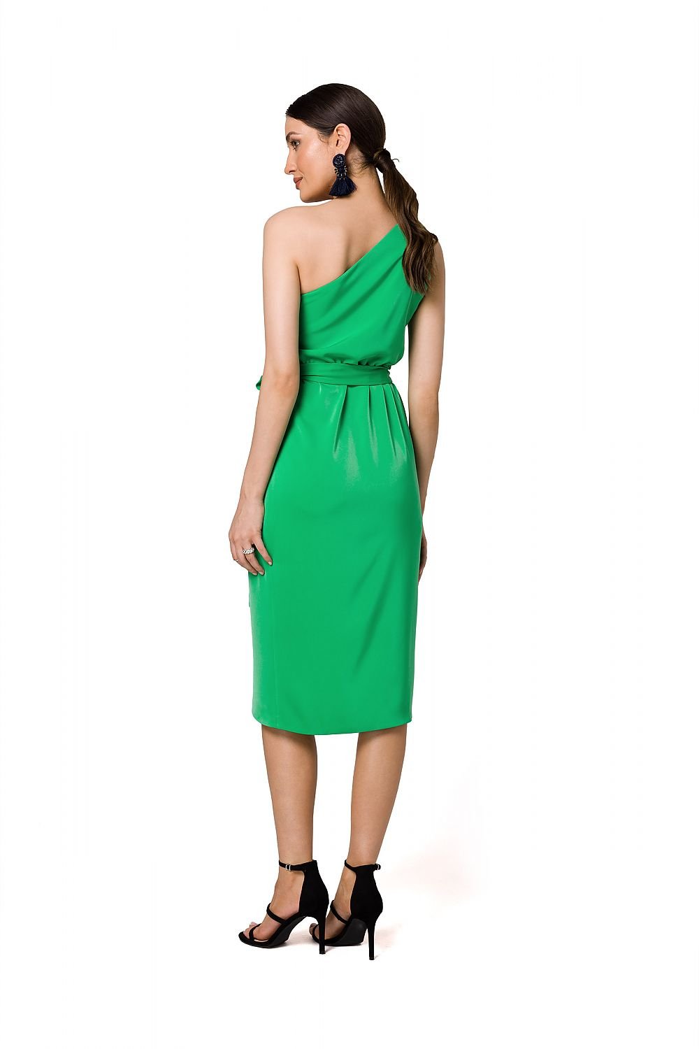 One-Shoulder Draped Dress with Overlap Cut and Tie Belt