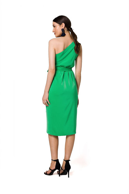 One-Shoulder Draped Dress with Overlap Cut and Tie Belt