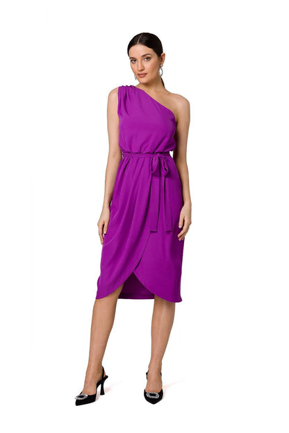 One-Shoulder Draped Dress with Overlap Cut and Tie Belt