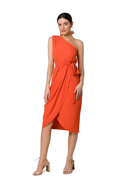 One-Shoulder Draped Dress with Overlap Cut and Tie Belt