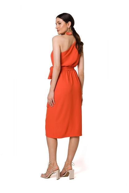 One-Shoulder Draped Dress with Overlap Cut and Tie Belt