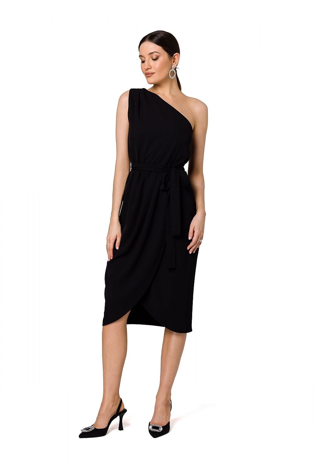 One-Shoulder Draped Dress with Overlap Cut and Tie Belt