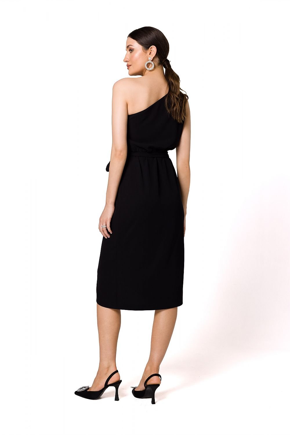 One-Shoulder Draped Dress with Overlap Cut and Tie Belt