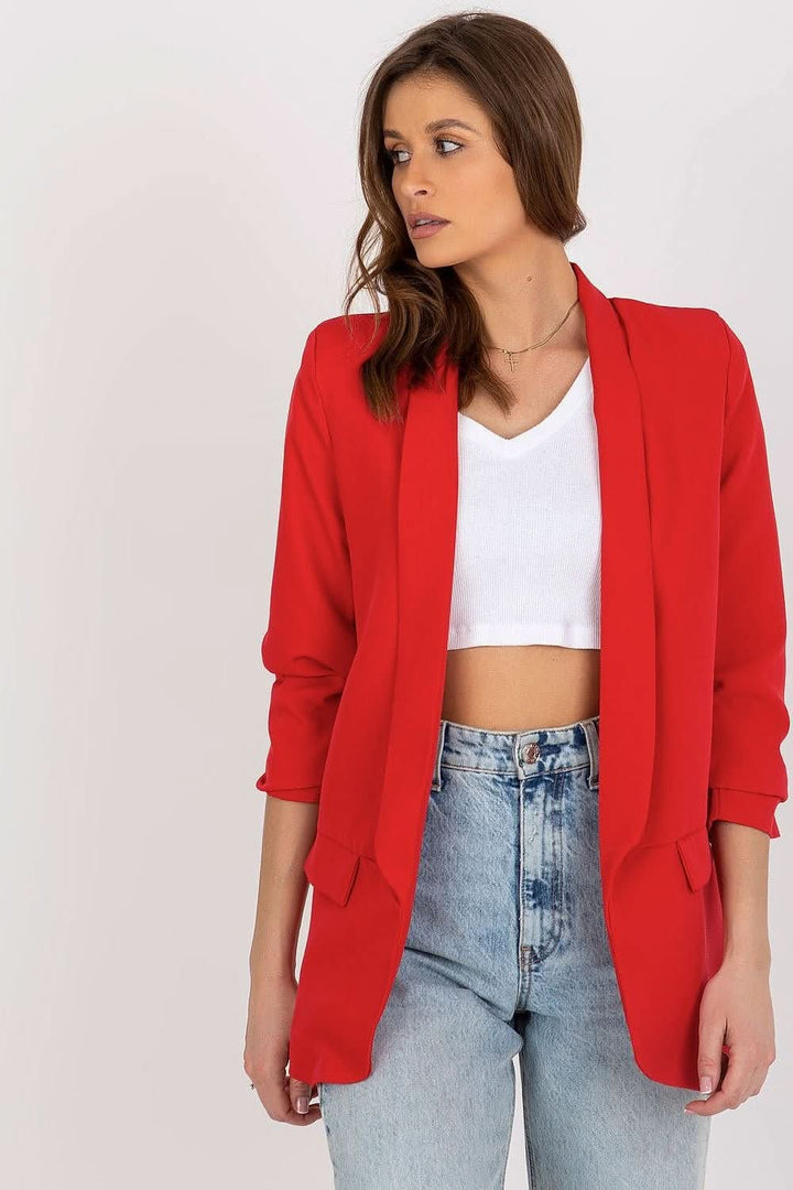 Women's 3/4 Sleeve Jacket with Shoulder Cushions and Imitation Pockets - Ludowika 