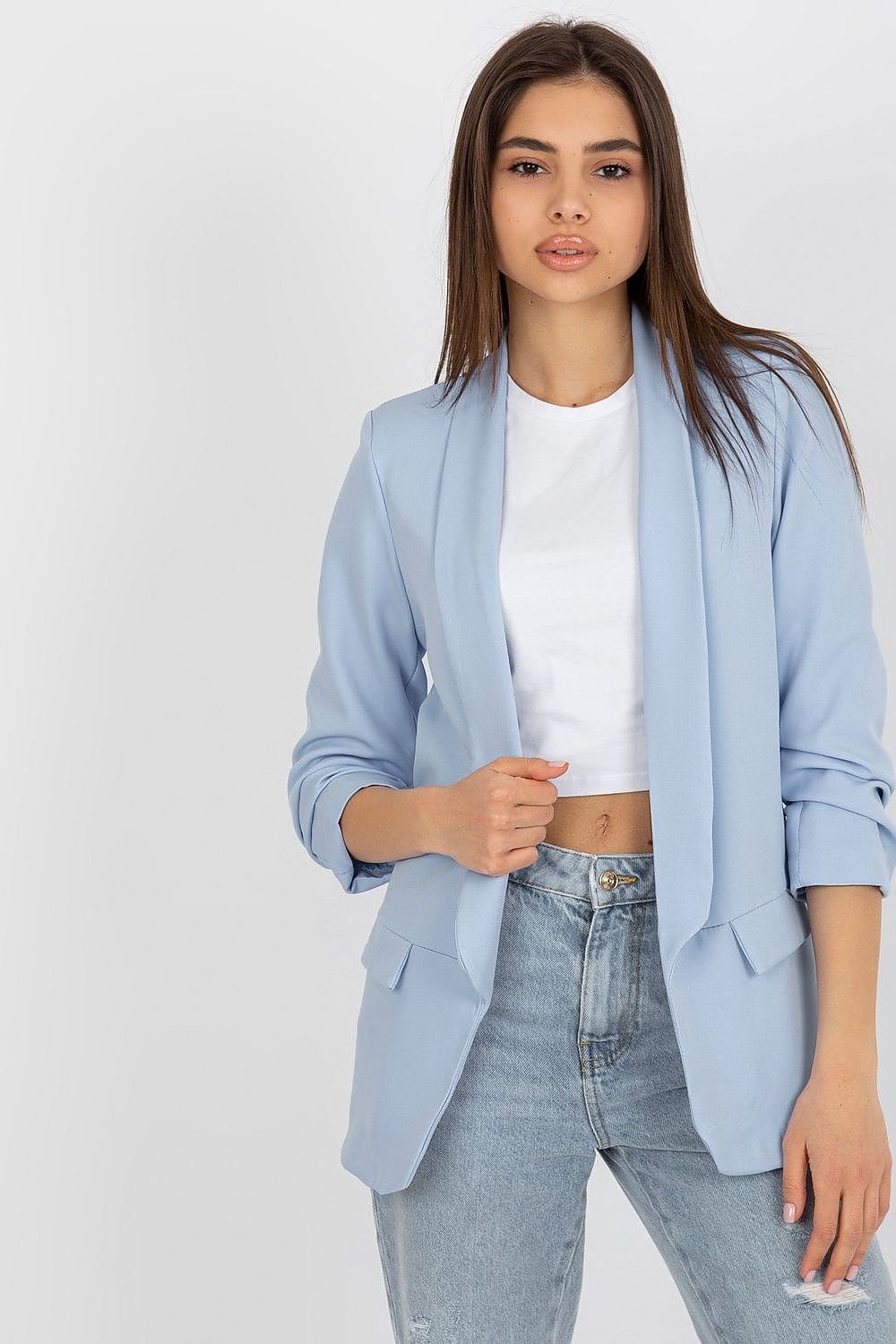 Women's 3/4 Sleeve Jacket with Shoulder Cushions and Imitation Pockets