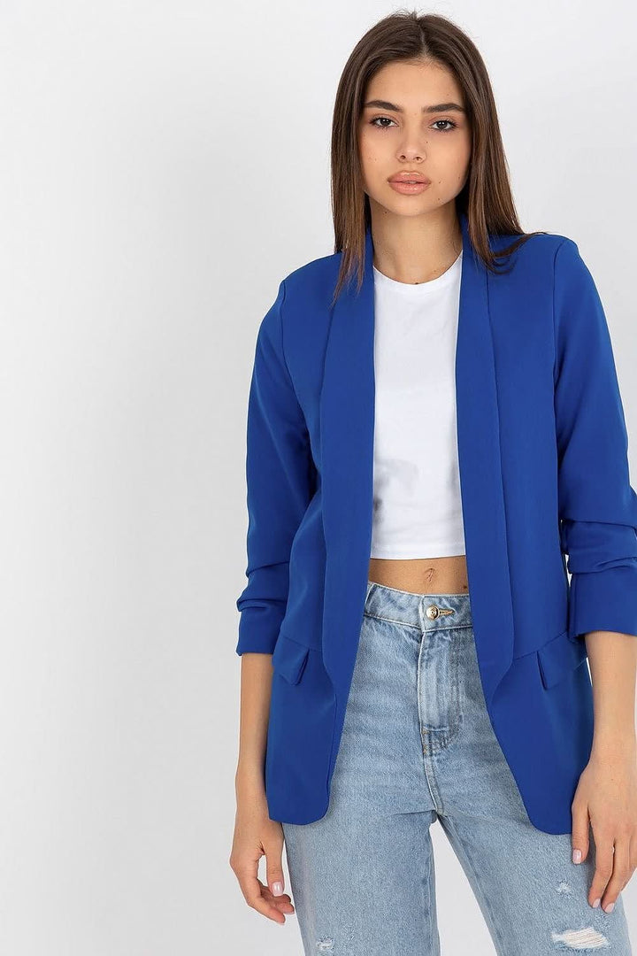 Women's 3/4 Sleeve Jacket with Shoulder Cushions and Imitation Pockets - Ludowika 