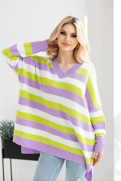 Loose-Fit Sweater with Heart Neckline and Colorful Stripes