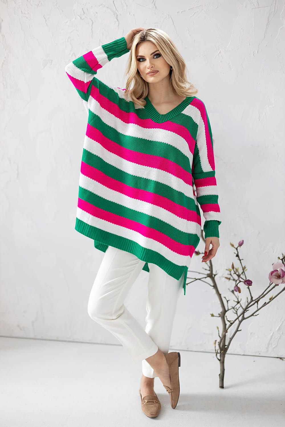 Loose-Fit Sweater with Heart Neckline and Colorful Stripes