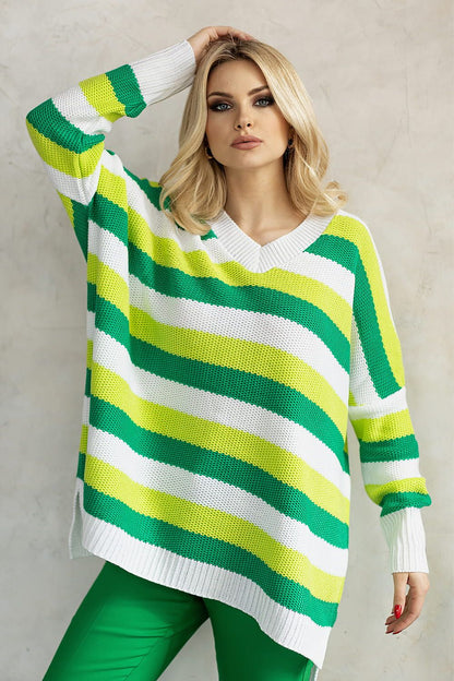 Stylish loose-fitting sweater with long sleeves, a heart neckline, and vibrant colorful stripes for a playful and chic everyday look.






