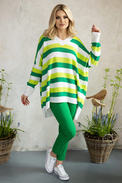 Loose-Fit Sweater with Heart Neckline and Colorful Stripes