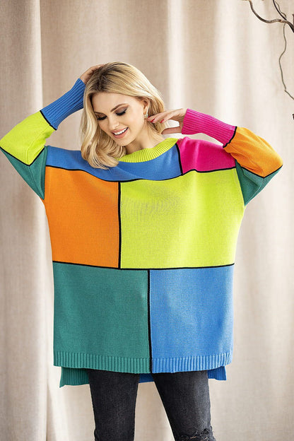 Colorful Block Pattern Loose-Fitting Sweater with Long Sleeves