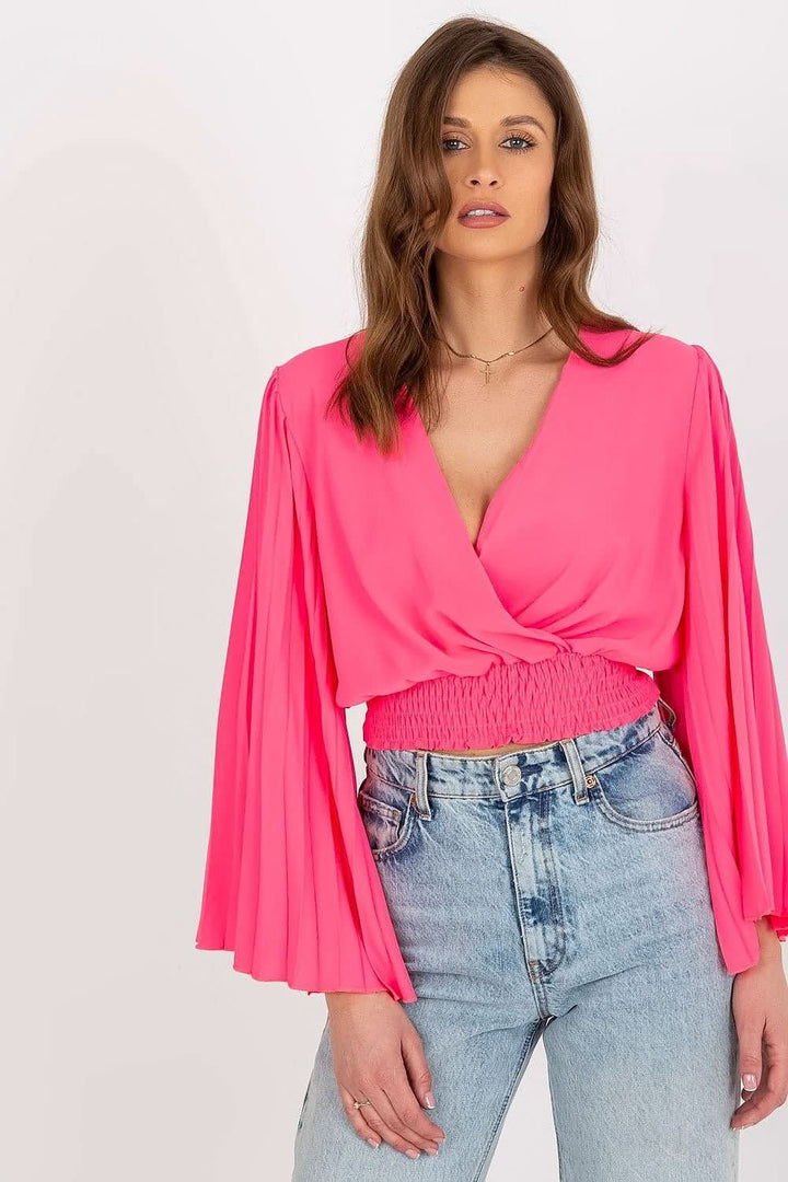 Blouse with Envelope Neckline and Pleated Wide Sleeves - Ludowika 