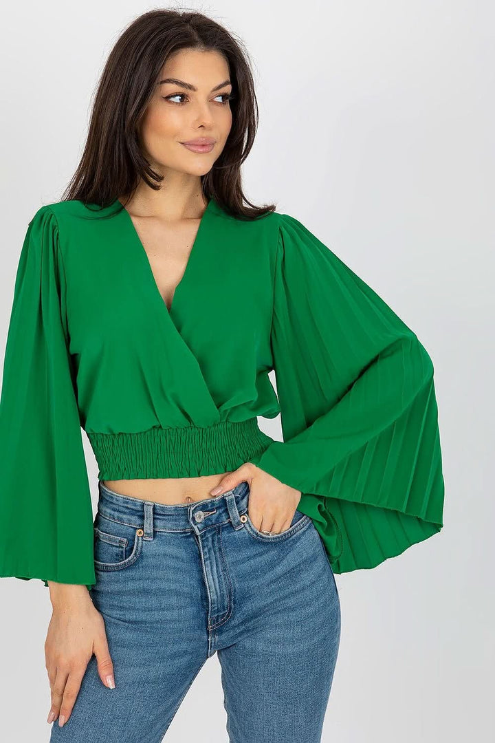 Blouse with Envelope Neckline and Pleated Wide Sleeves - Ludowika 