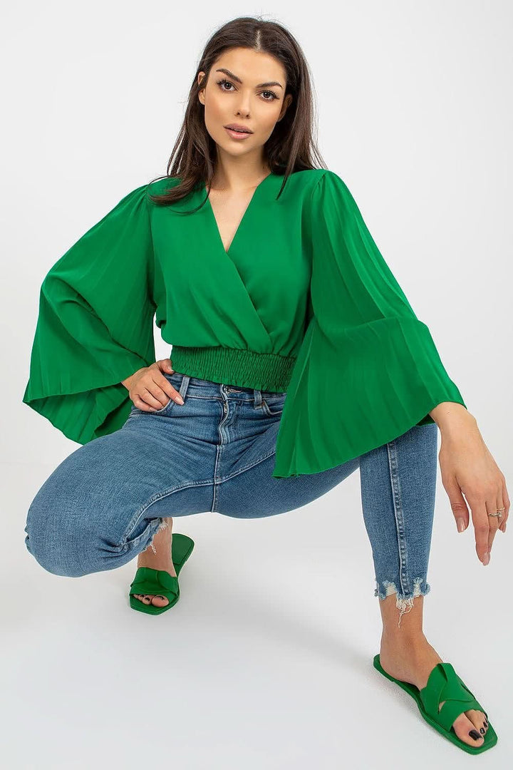 Blouse with Envelope Neckline and Pleated Wide Sleeves - Ludowika 