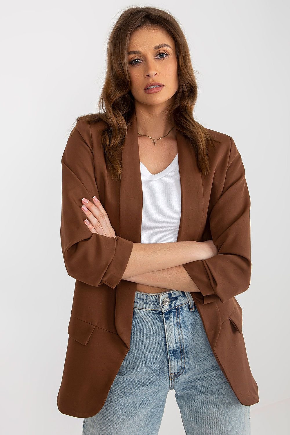 Women's 3/4 Sleeve Jacket with Shoulder Cushions and Imitation Pockets