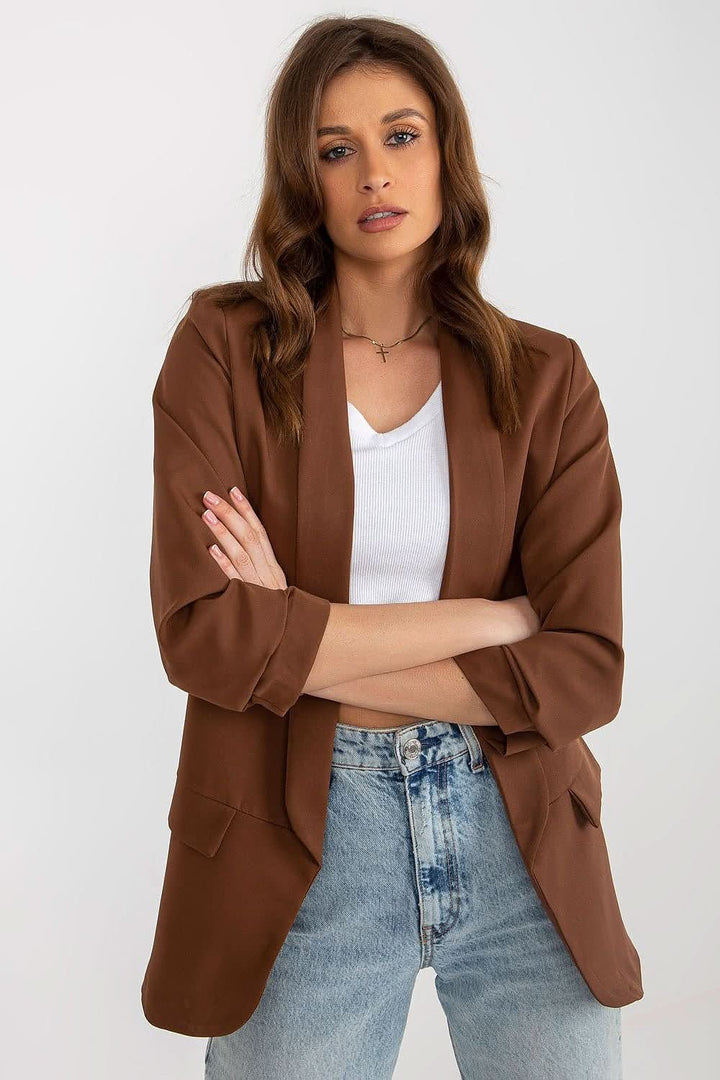 Women's 3/4 Sleeve Jacket with Shoulder Cushions and Imitation Pockets - Ludowika 