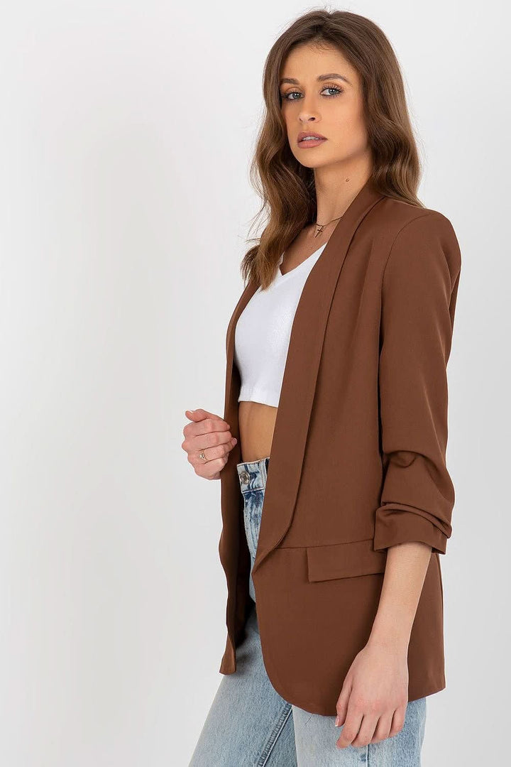 Women's 3/4 Sleeve Jacket with Shoulder Cushions and Imitation Pockets - Ludowika 