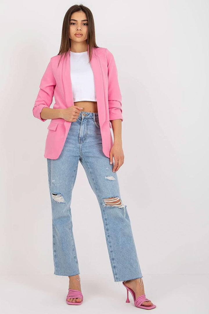 Women's 3/4 Sleeve Jacket with Shoulder Cushions and Imitation Pockets - Ludowika 