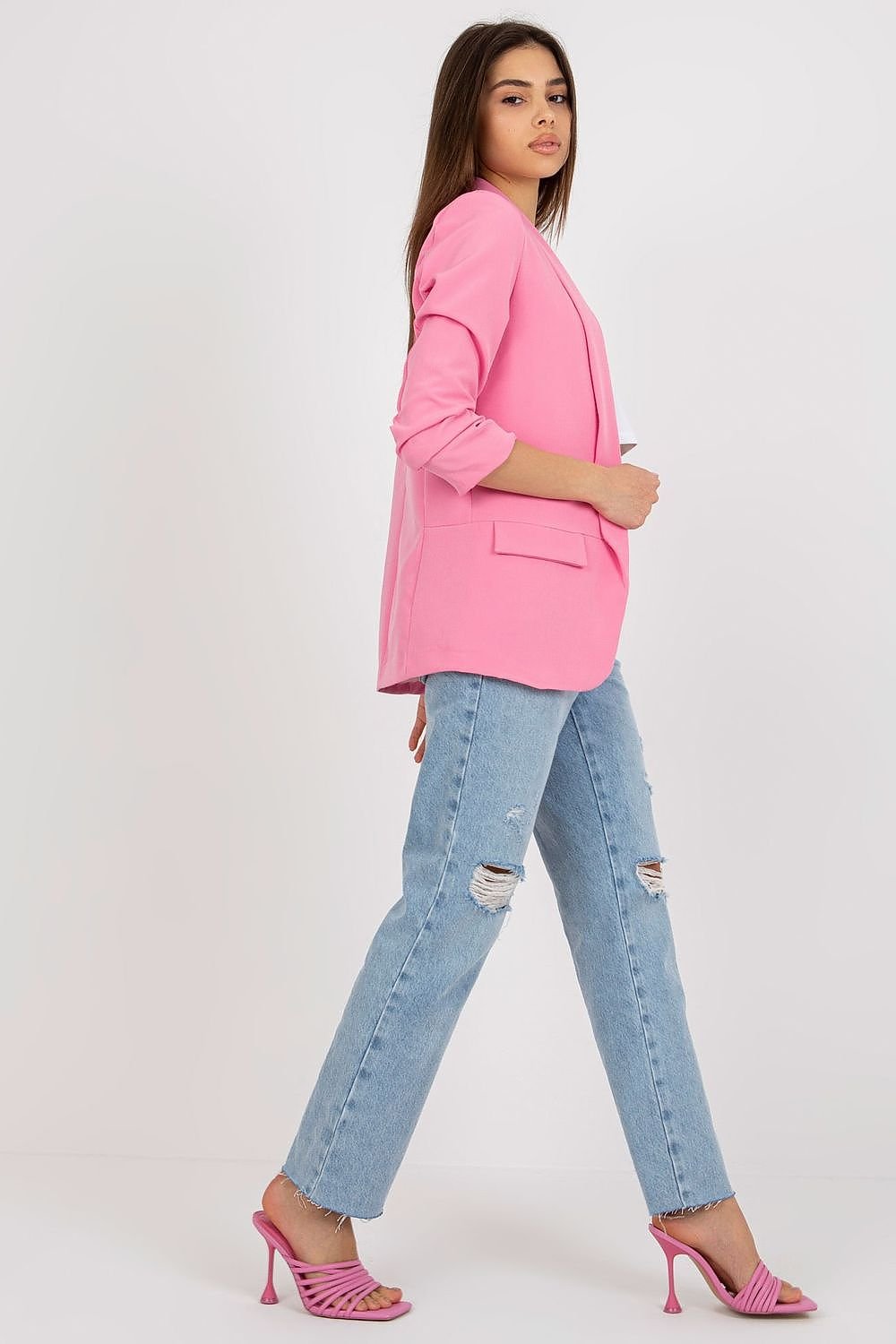 Women's 3/4 Sleeve Jacket with Shoulder Cushions and Imitation Pockets